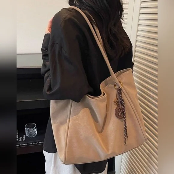 Classic Tan Faux Suede Leather Tote Bag - Elegant Everyday 18"x11"Shoulder Bag - Picture 1 of 4